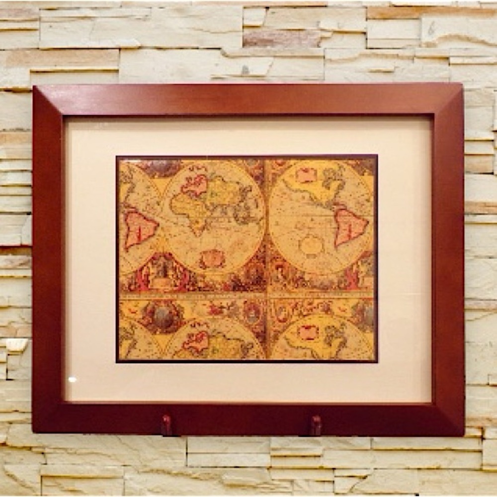 Vintage Style Mid-Century Modern 11 x 14 Cherry Wood Frame Artwork Old World Map